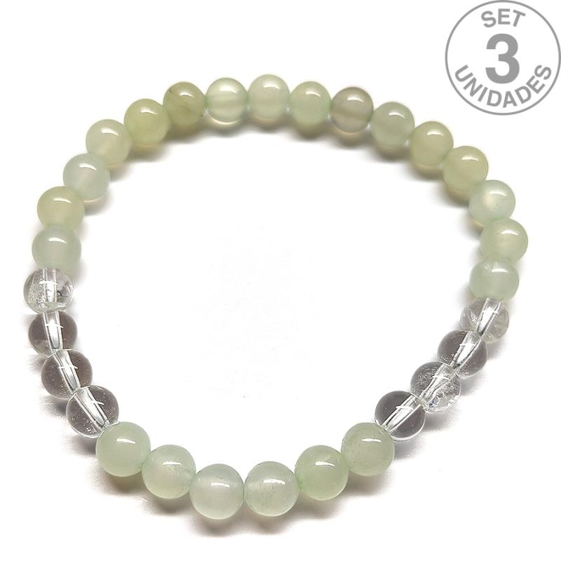 Pulsera de Jade y Cristal de Roca (Bola 6mm). Set 3 Un.