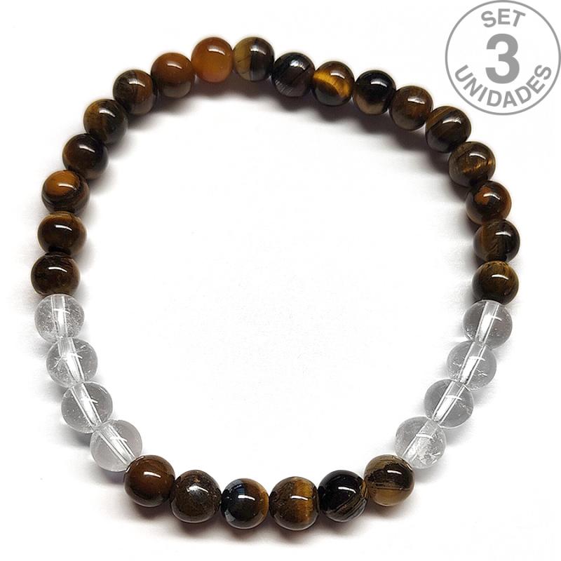 Pulsera de Ojo de Tigre y Cristal de Roca (Bola 6mm). Set 3 Un.