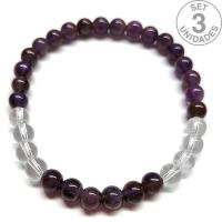 Bracelet en Améthyste et Cristal de Roche (Boule 6mm). Set 3 Un.