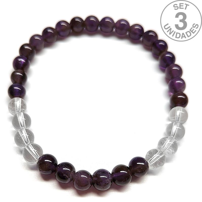 Pulsera de Amatista y Cristal de Roca (Bola 6mm). Set 3 Un.