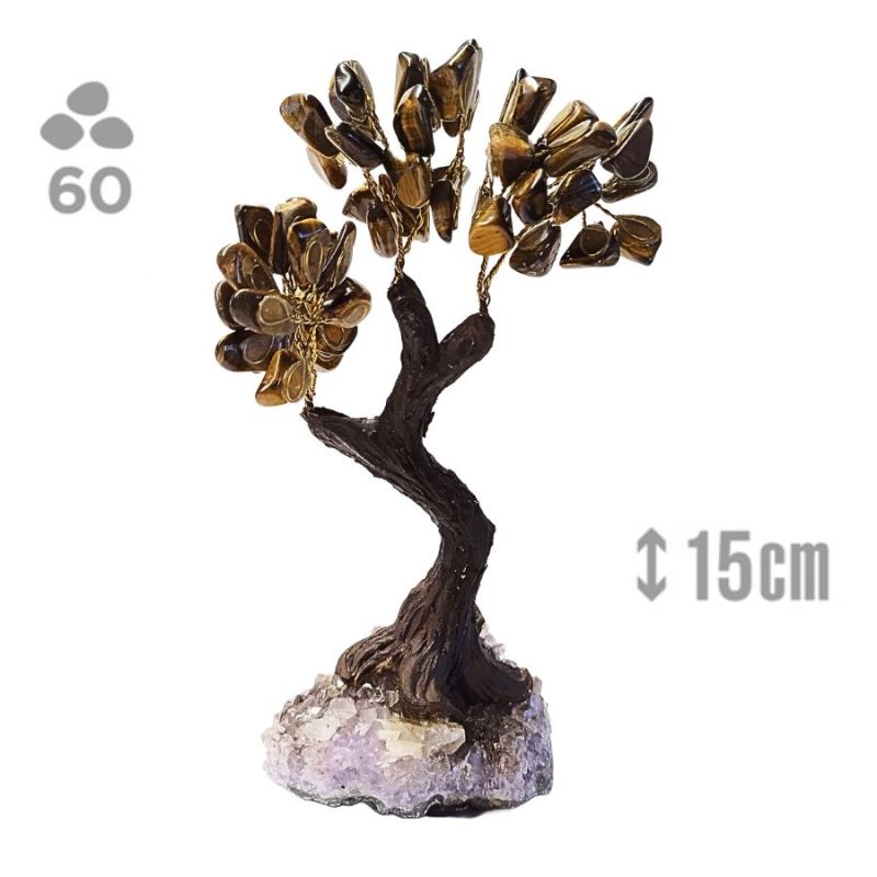 Arbre Oeil de Tigre (60 pierres) et socle druse Améthyste.