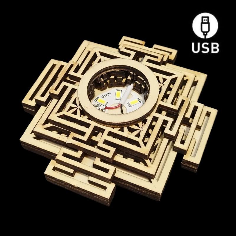 White Led Wooden Base Sri Yantra (USB)