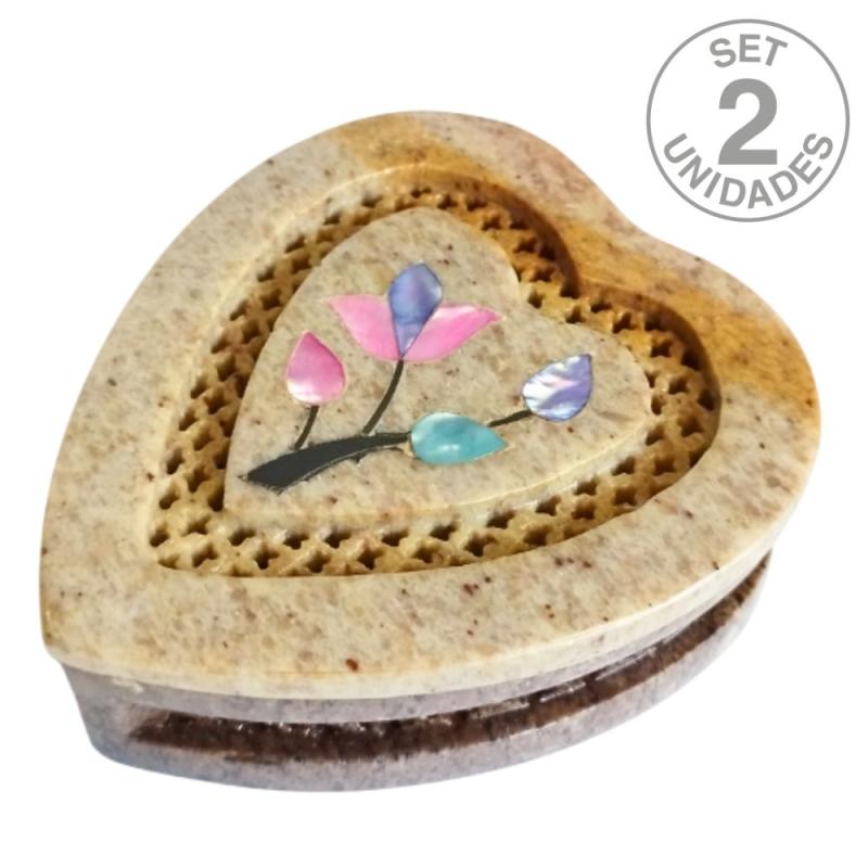 Caja Corazón de Esteatita con flor (Set 2 Un.)