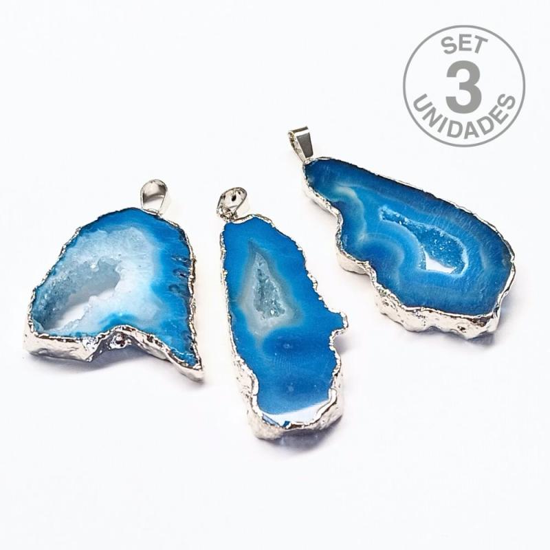 Pendentif en Agate (bleu) avec bordure argentée. Set 3 Un.
