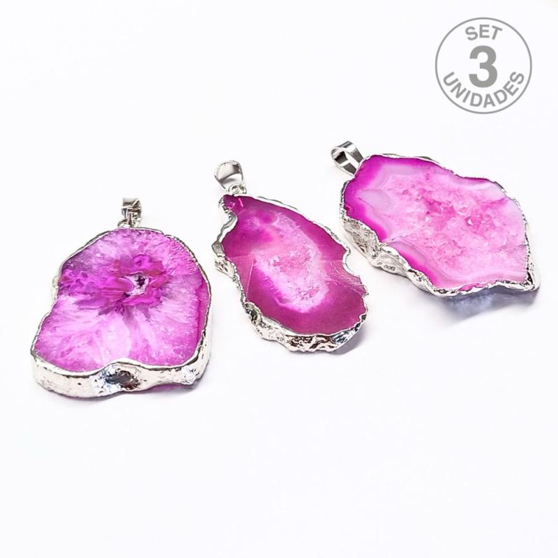 Colgante Chapa de Ágata (rosa) borde plateado. Set 3 Un.