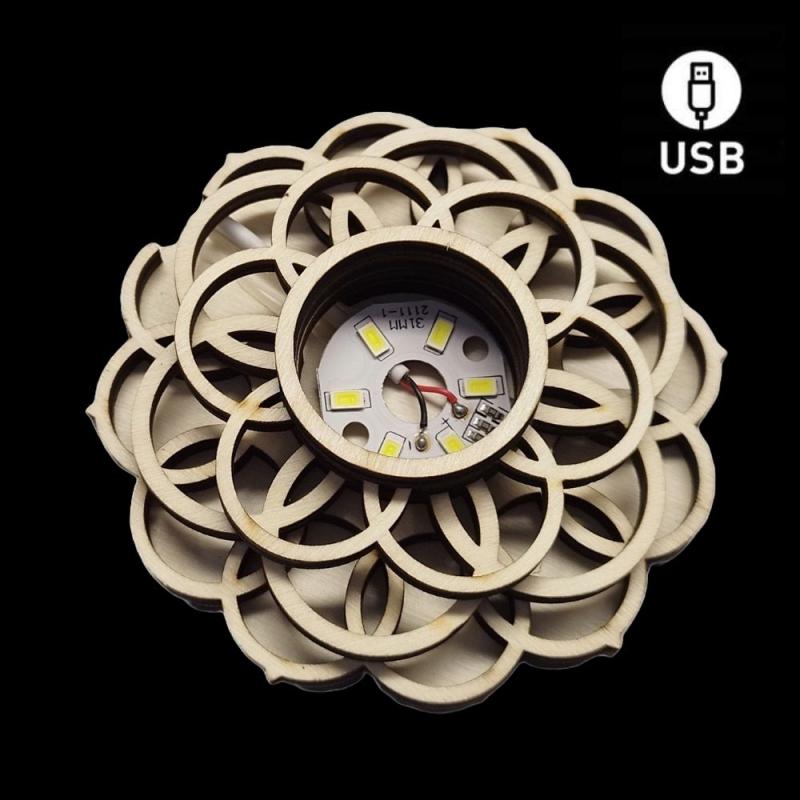 Base Madera LED Blanca Flor de la Vida (USB)