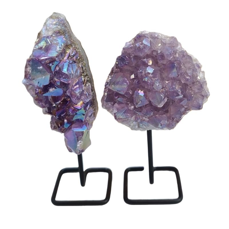 Aura Quartz Pearl Druse with metal foot.