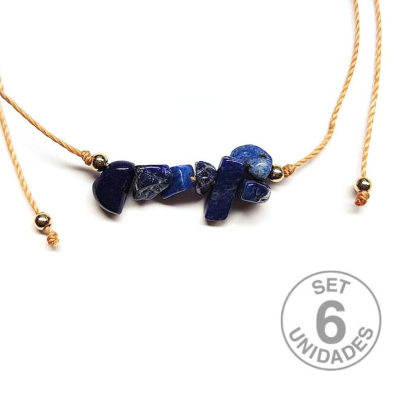 Lapis Lazuli chip bracelet on adjustable beige thread. Set 6 Un.