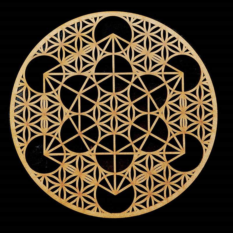 Metatron + Flower of Life symbol in wood.