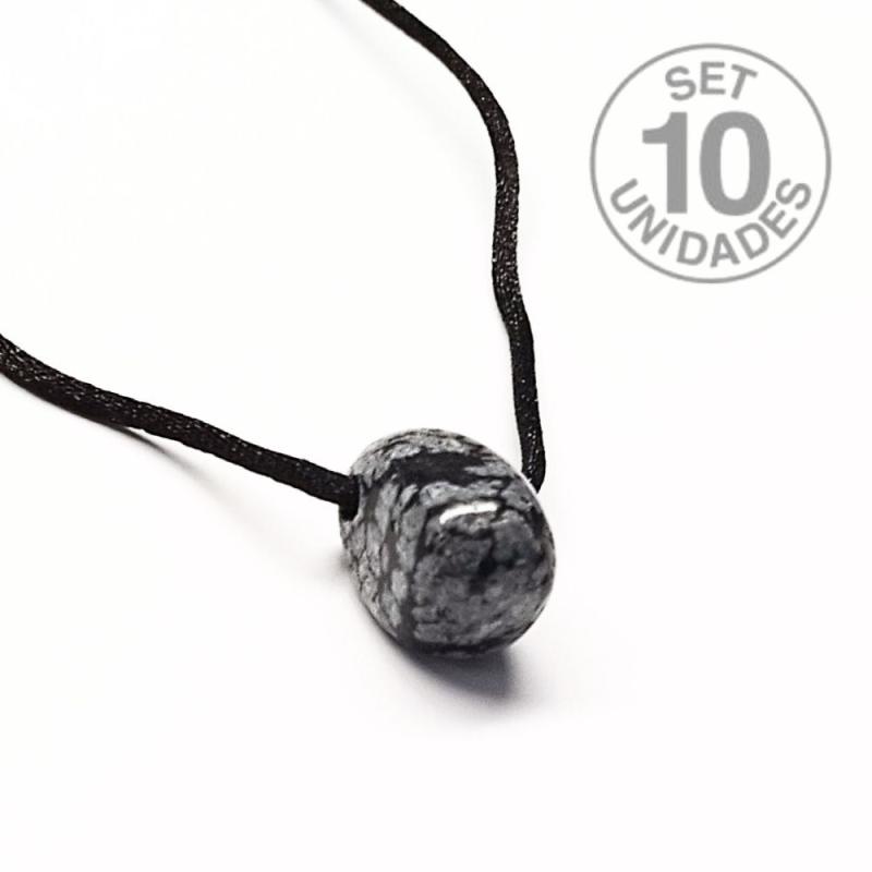 Colgante Rodado Obsidiana Nevada con cordón. Set 10 Un.