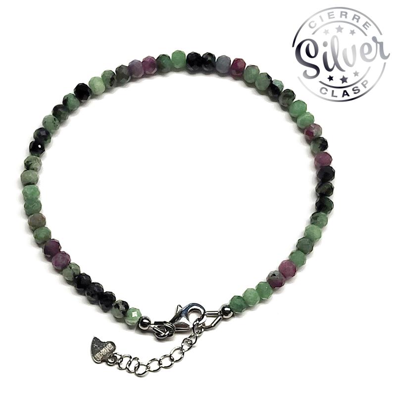 Pulsera Rubí-Zoisita facetada (Bola 4mm). Cierre Plata