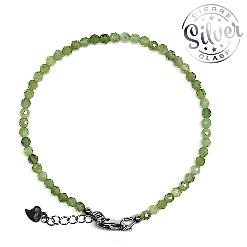 Pulsera Turmalina Verde facetada (Bola 3mm). Cierre Plata