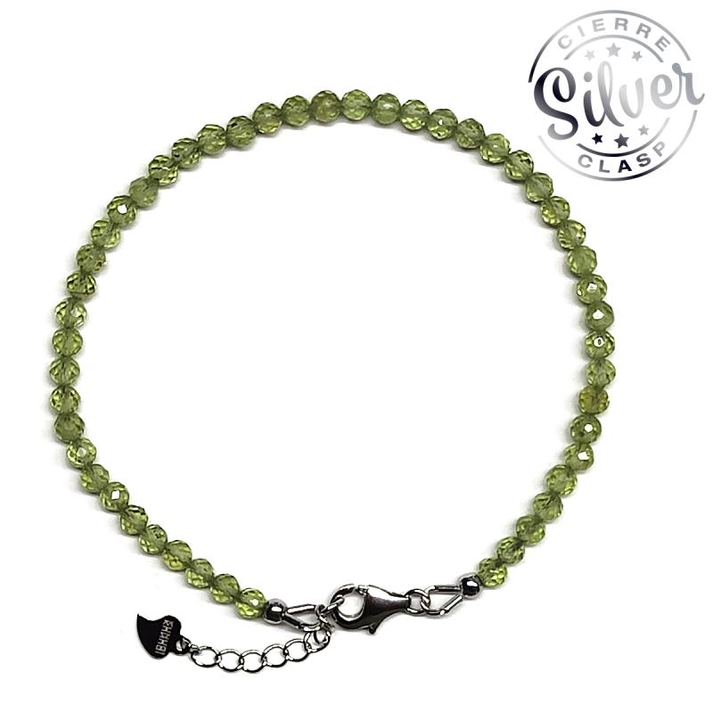 Pulsera Peridoto facetada (Bola 4mm). Cierre Plata