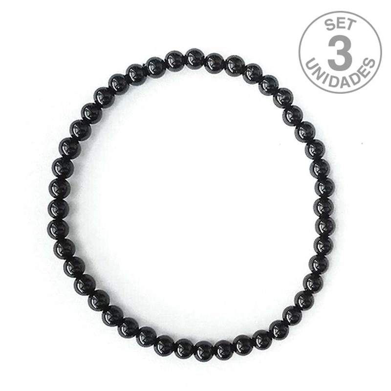 Pulsera Ágata Negra (Bola 4mm). Set 3 Un.
