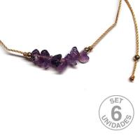 Amethyst chip bracelet on adjustable beige thread. Set 6 Un.