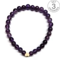 Amethyst bracelet (6mm beads) + golden heart symbol. Set 3 Un.
