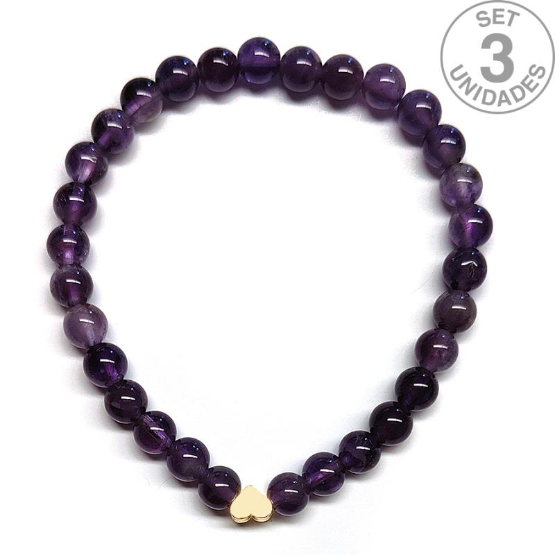 Pulsera de Amatista (bolas 6mm) + corazón dorado. Set 3 Un.