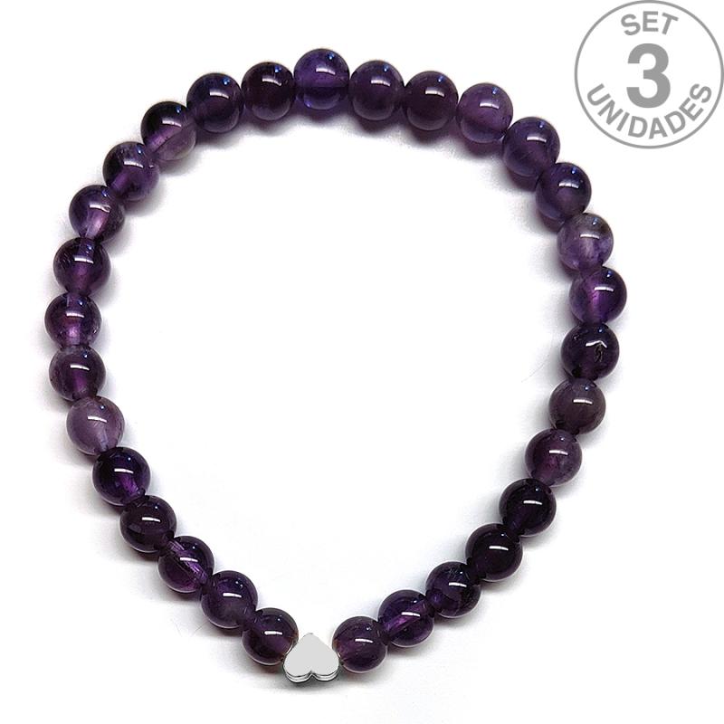 Pulsera de Amatista (bolas 6mm) + corazón plateado. Set 3 Un.