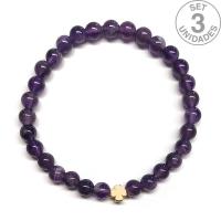 Amethyst bracelet (6mm beads) + golden clover symbol. Set 3 Un.