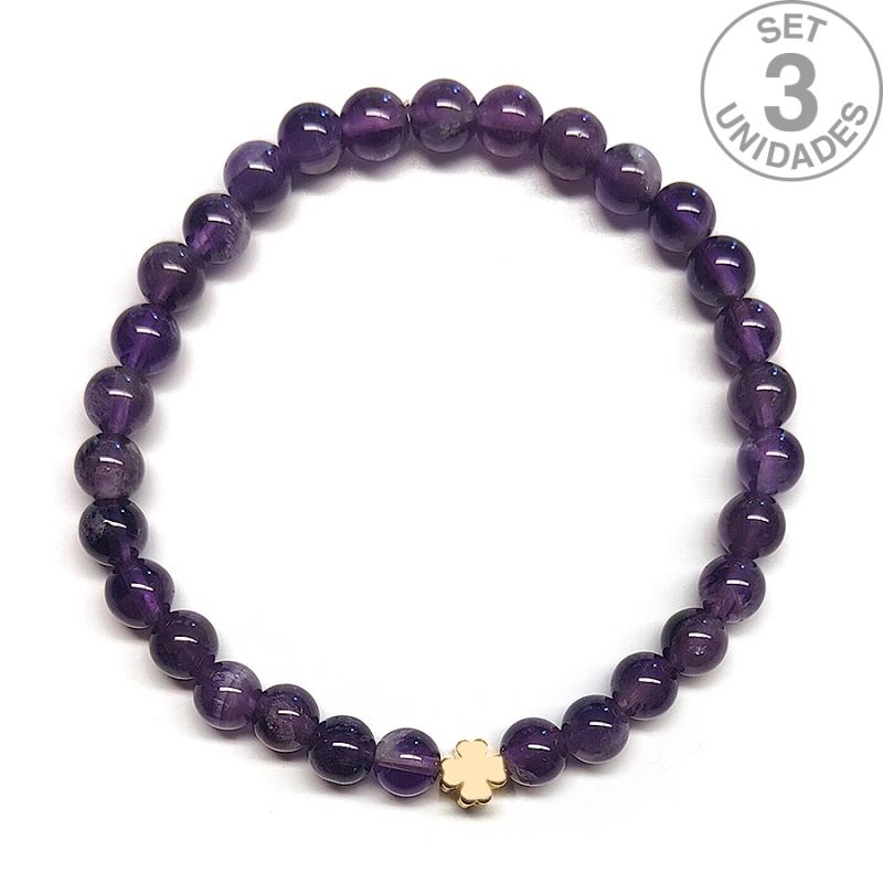 Pulsera de Amatista (bolas 6mm) + trébol dorado. Set 3 Un.