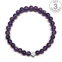 Amethyst bracelet (6mm beads) + silver clover symbol. Set 3 Un.