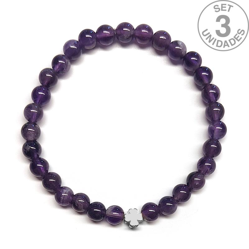 Pulsera de Amatista (bolas 6mm) + trébol plateado. Set 3 Un.