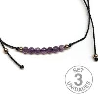 Amethyst beads (4mm) bracelet on adjustable black thread. Set 3 Un.