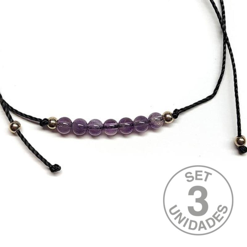Bracelet en perles de Améthyste de 4 mm sur fil noir réglable. Set 3 Un.