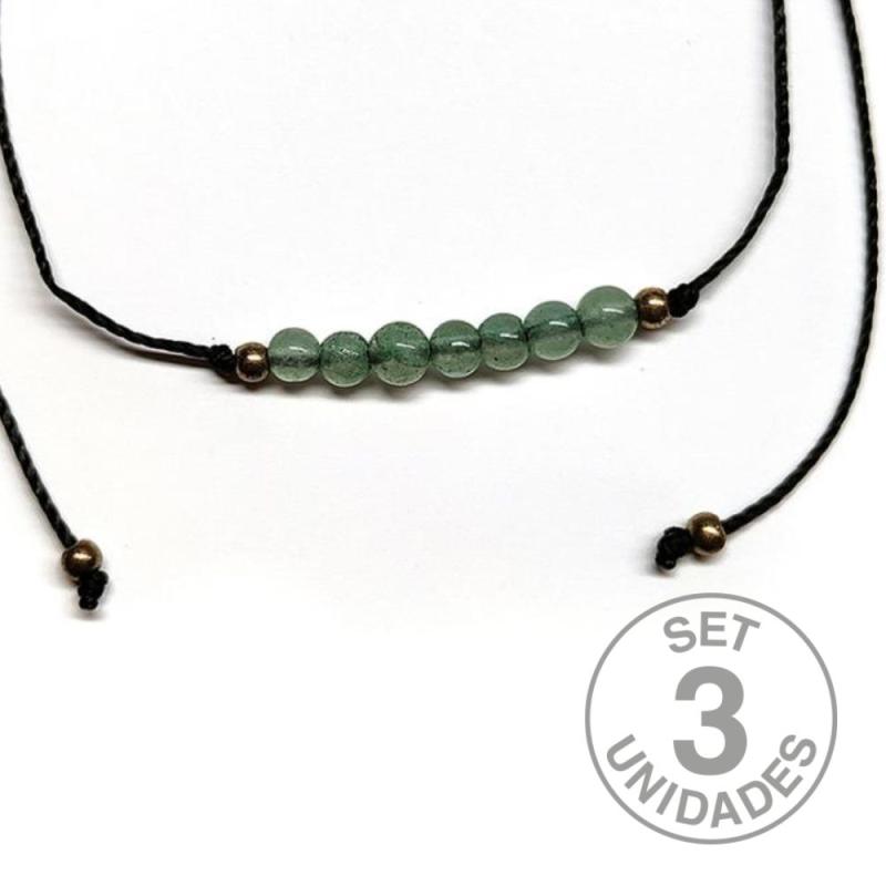 Bracelet en perles de Aventurine de 4 mm sur fil noir réglable. Set 3 Un.