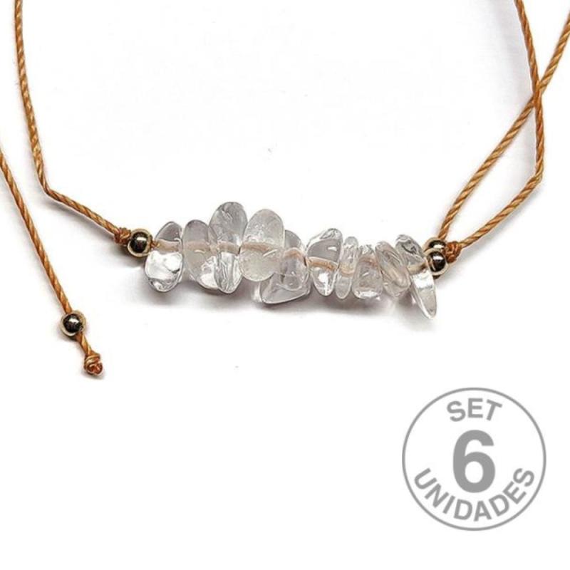 Bracelet en chip de Cristal de Roche sur fil beige réglable. Set 6 Un.