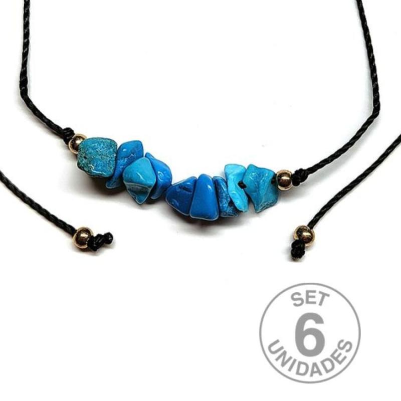 Pulsera de chip de Turquenita en hilo negro ajustable. Set 6 Un.