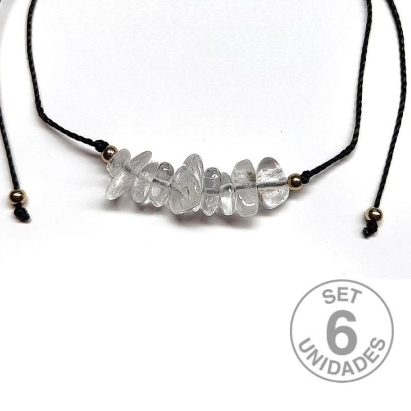 Pulsera de chip de Cristal de Roca en hilo negro ajustable. Set 6 Un.