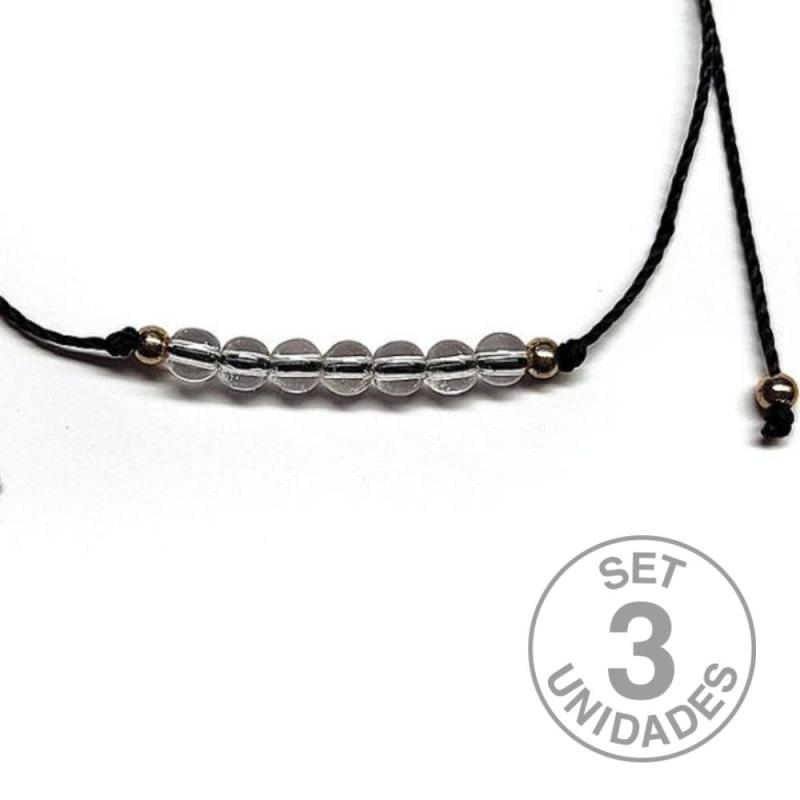 Pulsera de bolas de Cristal de Roca de 4mm en hilo negro ajustable. Set 3 Un.