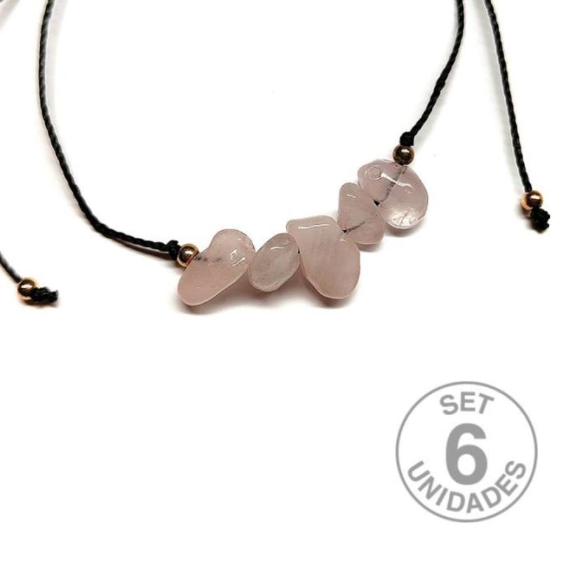 Pulsera de chip de Cuarzo Rosa en hilo negro ajustable. Set 6 Un.