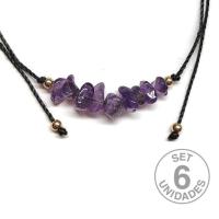 Amethyst chip bracelet on adjustable black thread. Set 6 Un.