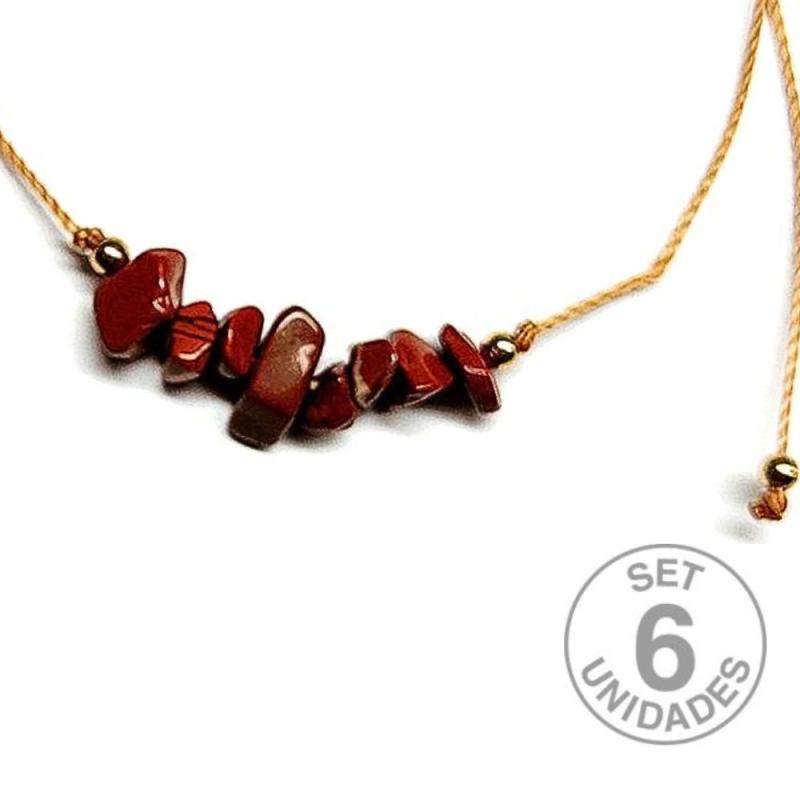 Pulsera de chip de Jaspe Rojo en hilo beige ajustable. Set 6 Un.