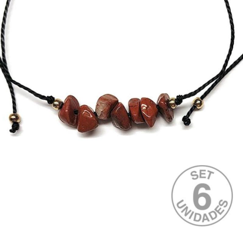 Pulsera de chip de Jaspe Rojo en hilo negro ajustable. Set 6 Un.