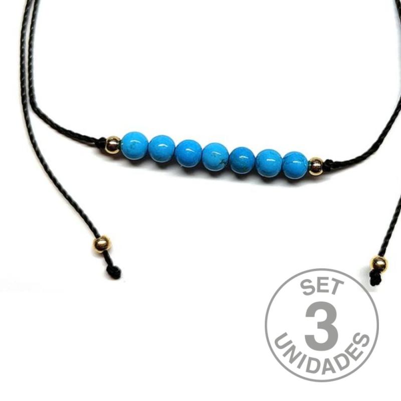 Bracelet en perles de Turquenite de 4 mm sur fil noir réglable. Set 3 Un.