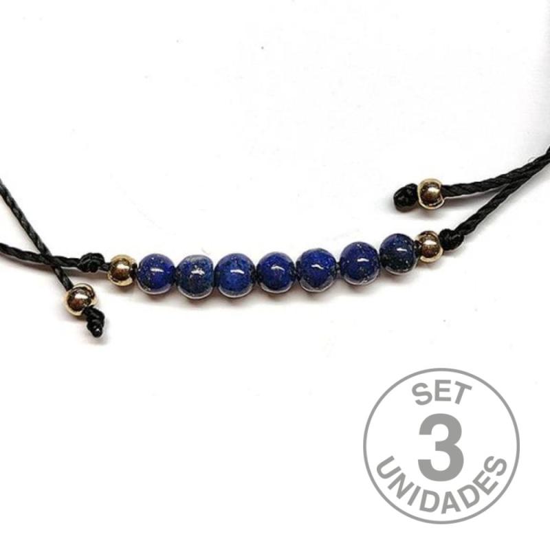 Pulsera de bolas de Lapislázuli de 4mm en hilo negro ajustable. Set 3 Un.