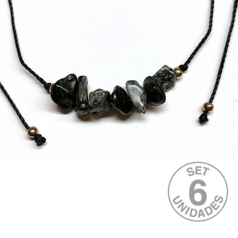 Pulsera de chip de Obsidiana en hilo negro ajustable. Set 6 Un.