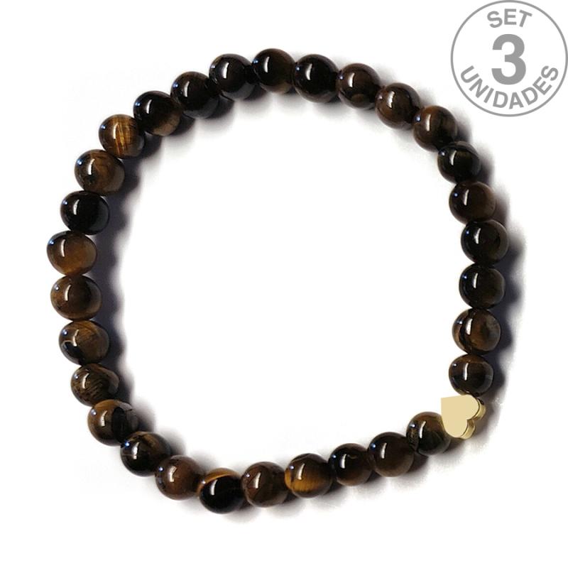 Pulsera de Ojo de Tigre (bolas 6mm) + corazón dorado. Set 3 Un.