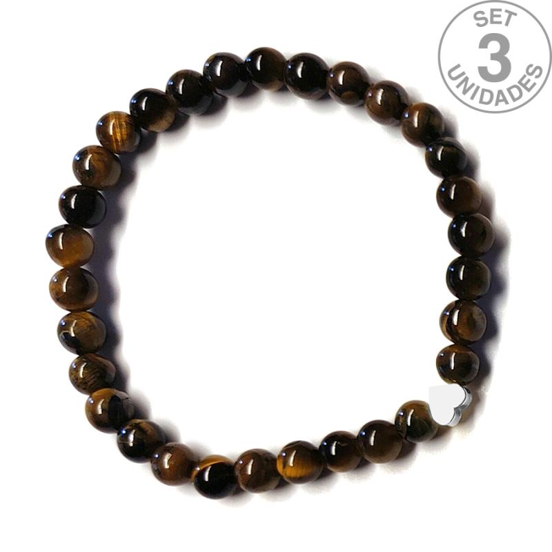 Pulsera de Ojo de Tigre (bolas 6mm) + corazón plateado. Set 3 Un.