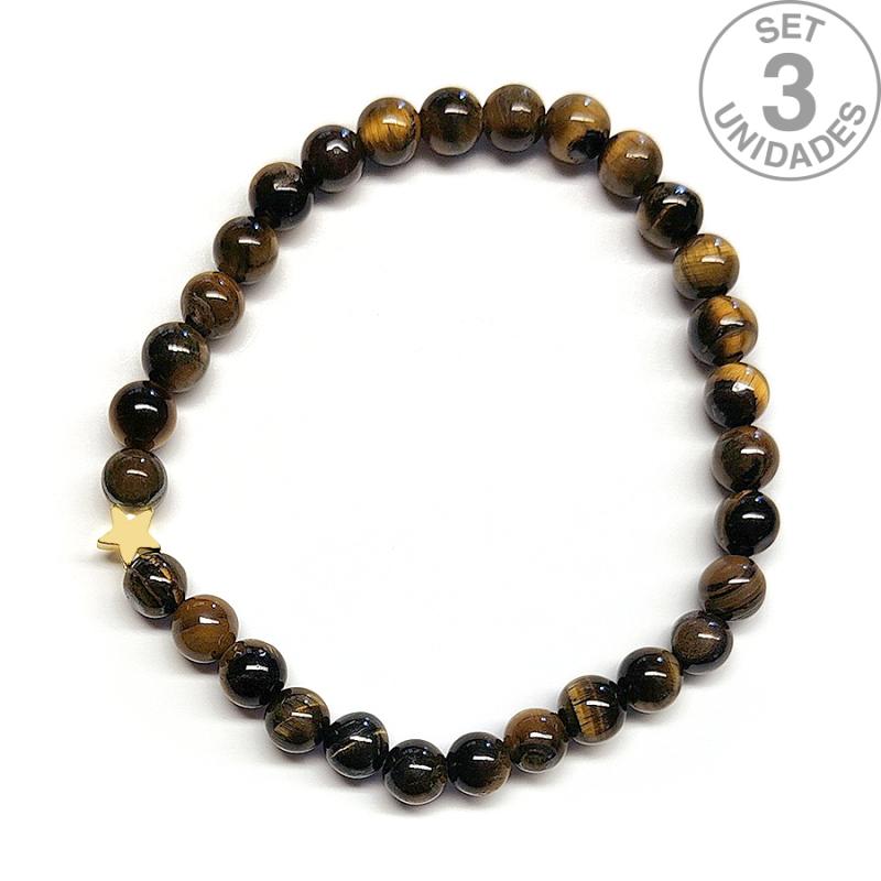 Pulsera de Ojo de Tigre (bolas 6mm) + estrella dorada. Set 3 Un.