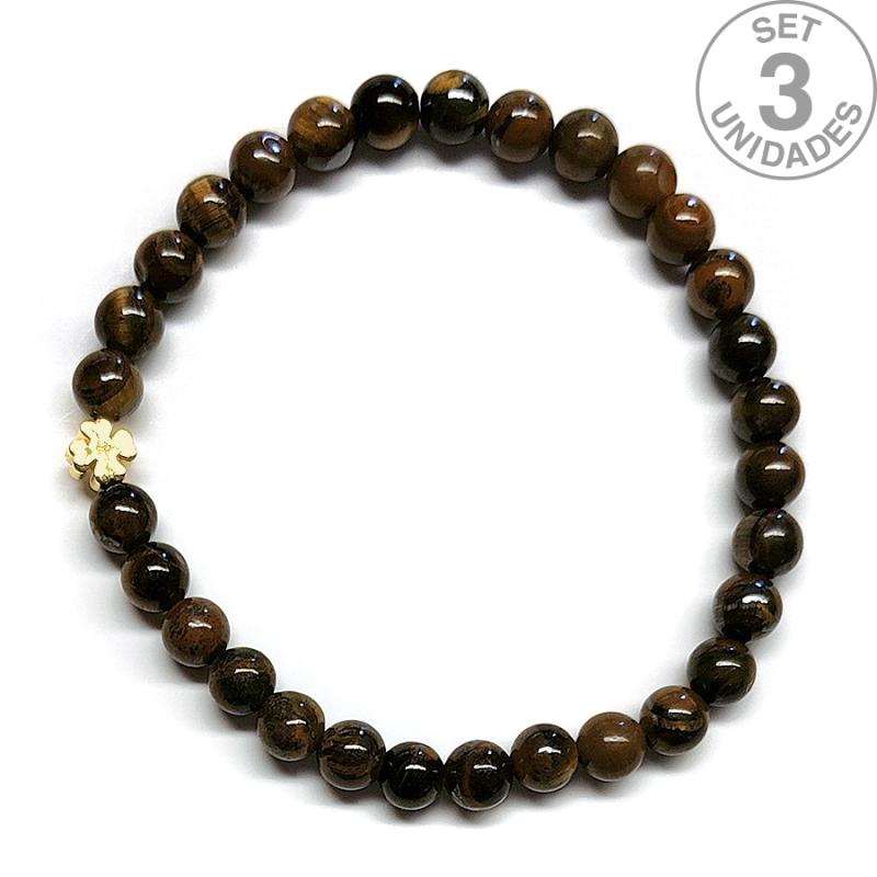 Pulsera de Ojo de Tigre (bolas 6mm) + trébol dorado. Set 3 Un.