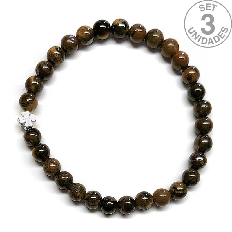 Pulsera de Ojo de Tigre (bolas 6mm) + trébol plateado. Set 3 Un.