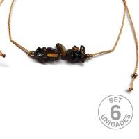 Tiger Eye chip bracelet on adjustable beige thread. Set 6 Un.