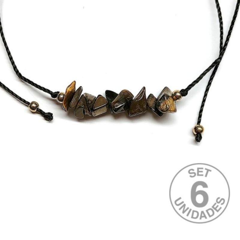 Pulsera de chip de Ojo de Tigre en hilo negro ajustable. Set 6 Un.