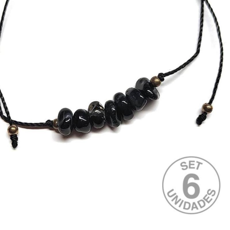 Pulsera de chip de Onix en hilo negro ajustable. Set 6 Un.
