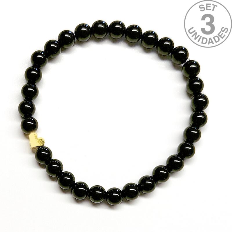 Pulsera de Ónix (bolas 6mm) + corazón dorado. Set 3 Un.