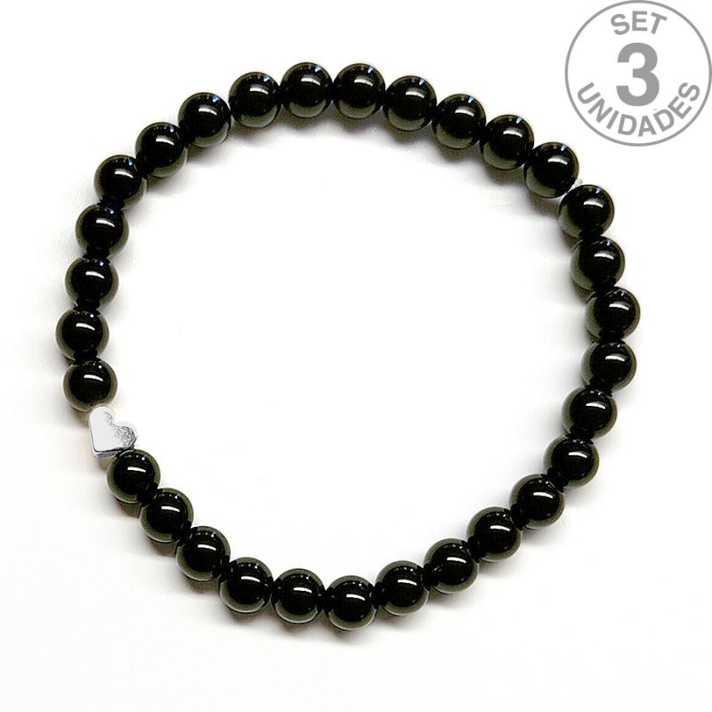 Pulsera de Ónix (bolas 6mm) + corazón plateado. Set 3 Un.